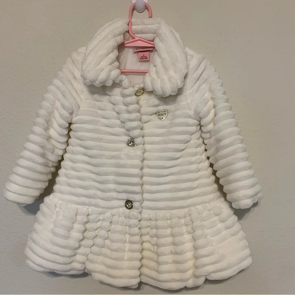 Juicy Couture‎ White Kids Pea Coat Faux Fur Cozy Washable Festive Christmas